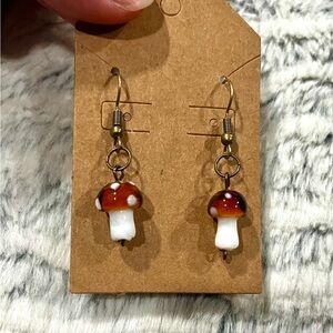 Bronze Mushroom Dangle Earrings in Brown and White